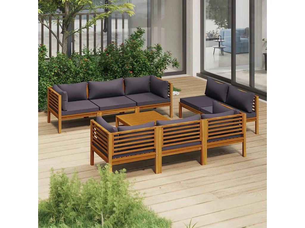Salon de jardin 9 pcs avec coussin Bois d'acacia solide 4