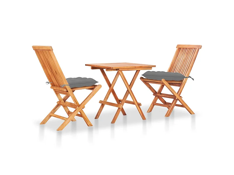 Ensemble de bistro 3 pcs avec coussins gris Bois de teck massif 2
