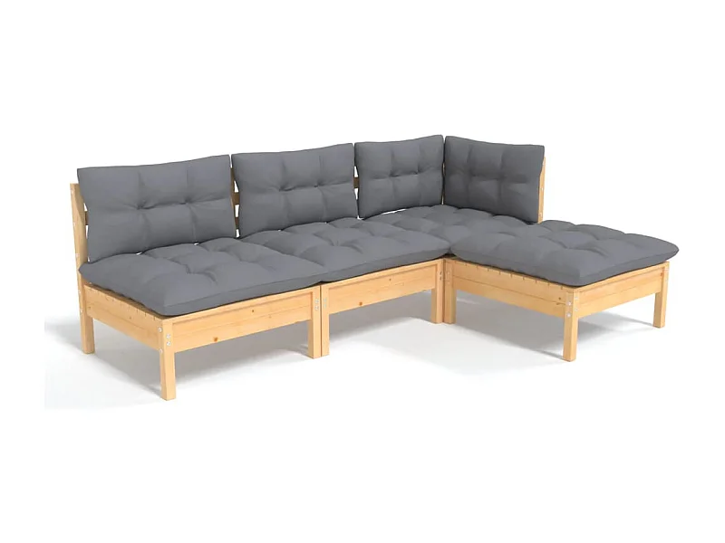 Salon de jardin 4 pcs avec coussins gris Bois de pin 4