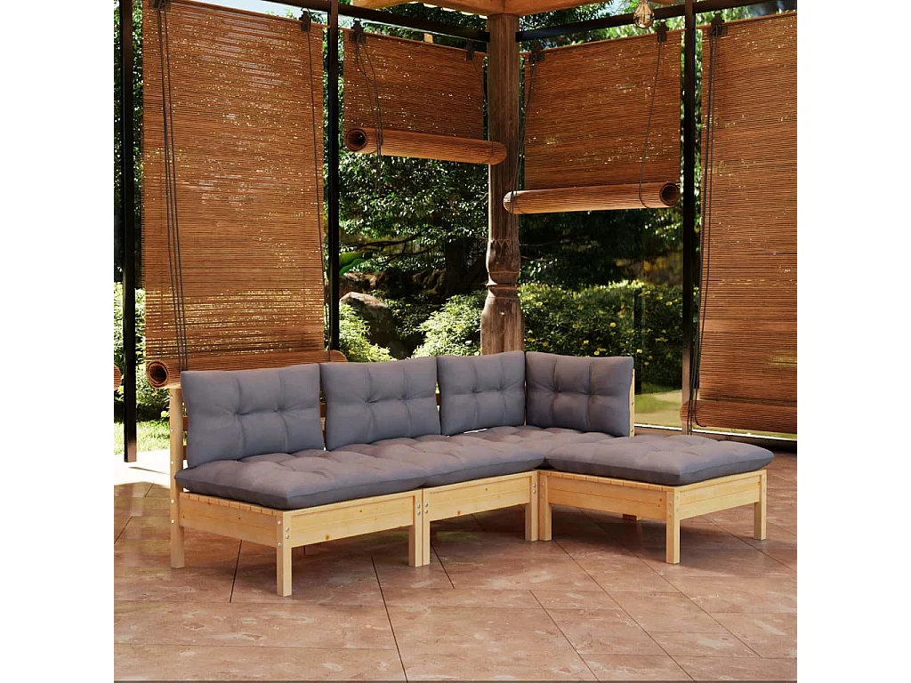 Salon de jardin 4 pcs avec coussins gris Bois de pin 4