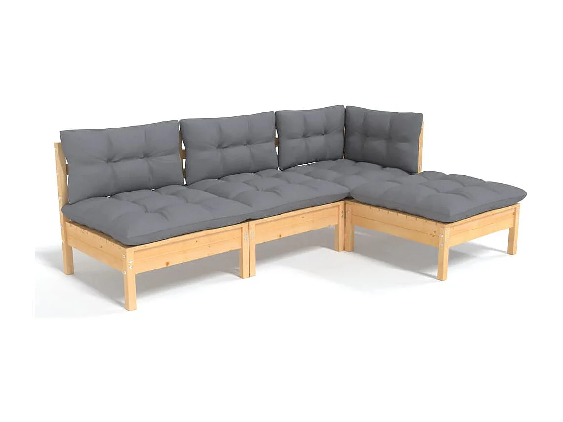 Salon de jardin 4 pcs avec coussins gris Bois de pin 4