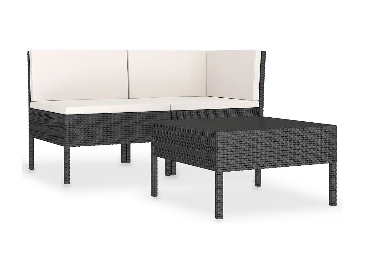 Salon de jardin 3 pcs avec coussins Résine tressée Noir 18