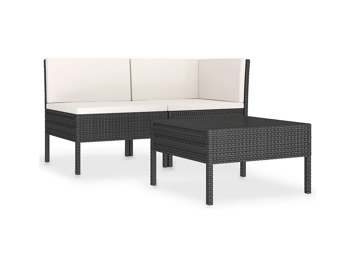 Salon de jardin 3 pcs avec coussins Résine tressée Noir 18