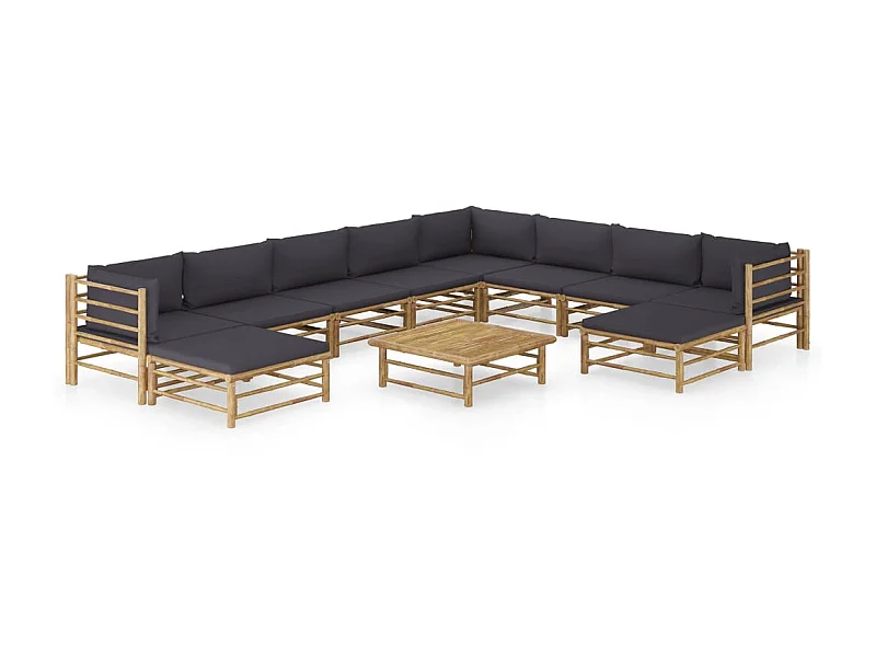 Salon de jardin 11 pcs avec coussins gris foncé Bambou