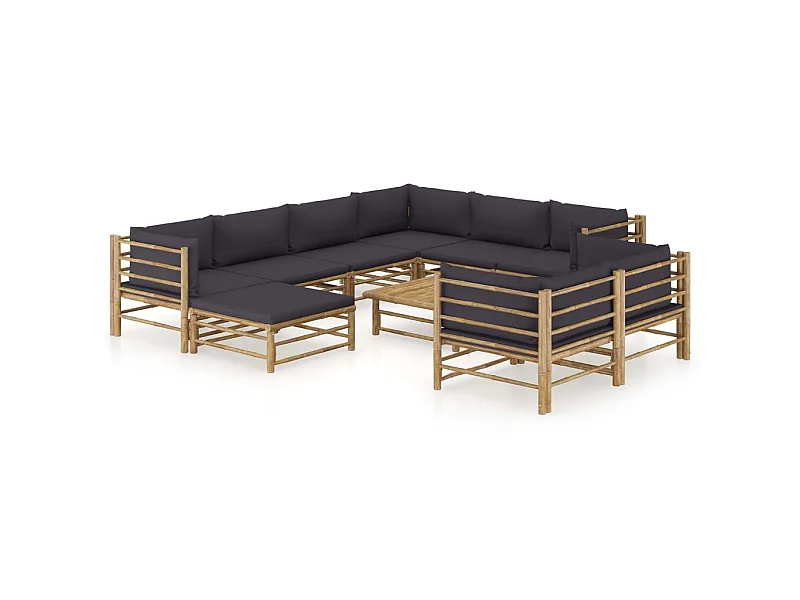 Salon de jardin 10 pcs avec coussins gris foncé Bambou