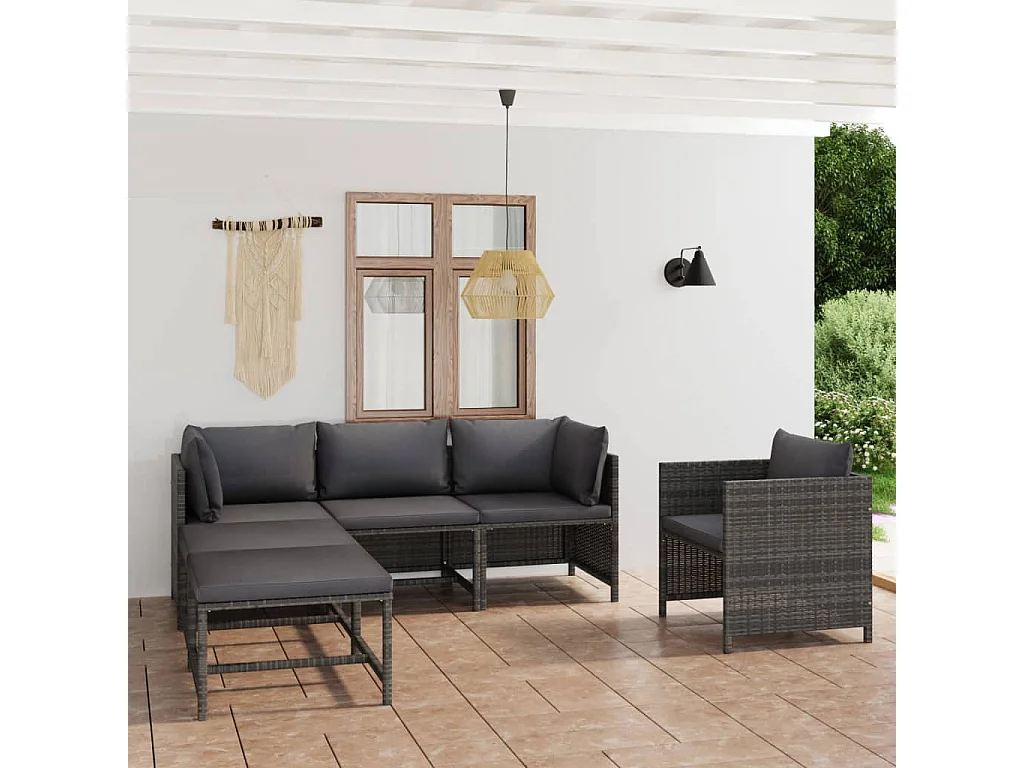 Salon de jardin 6 pcs avec coussins Résine tressée Gris 2