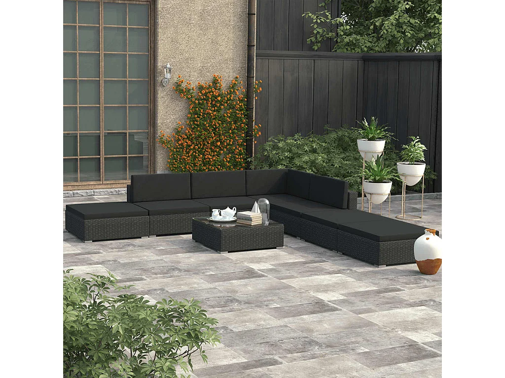 Salon de jardin 8 pcs avec coussins Résine tressée Noir 48