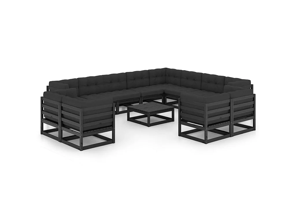 Salon de jardin 13 pcs avec coussins Noir Bois de pin massif 3
