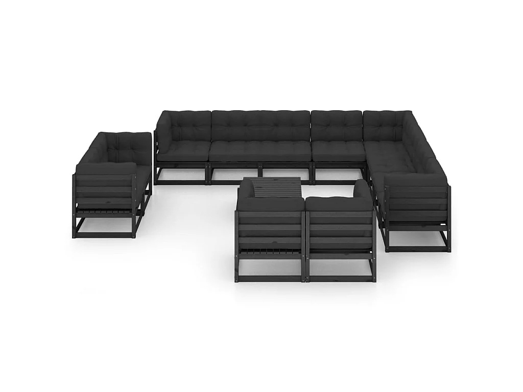 Salon de jardin 13 pcs avec coussins Noir Bois de pin massif 3