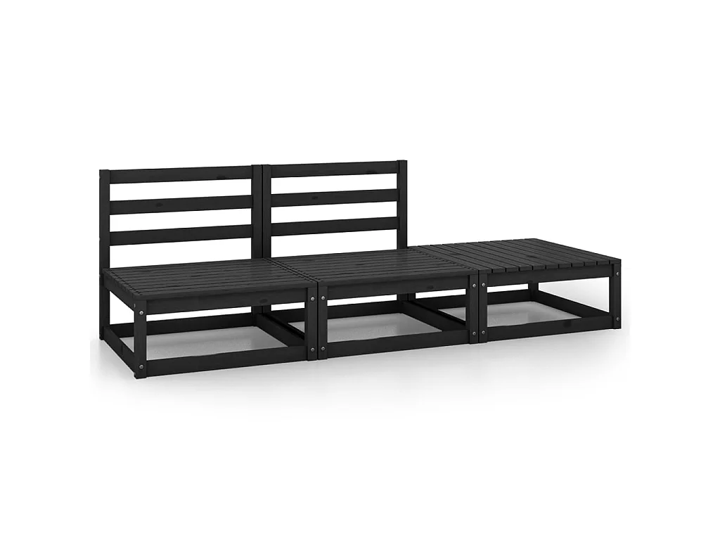 Salon de jardin 3 pcs Noir Bois de pin massif