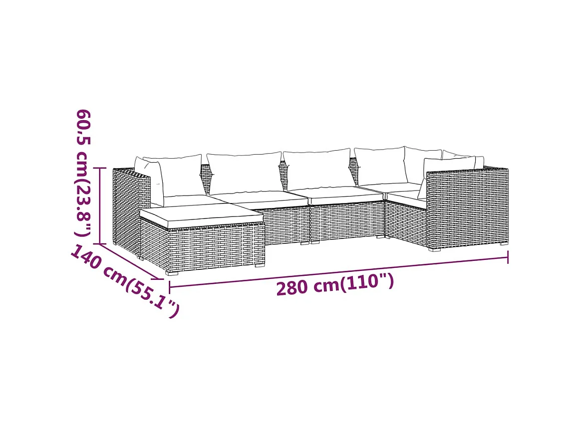 6-delige Loungeset met kussens poly rattan bruin