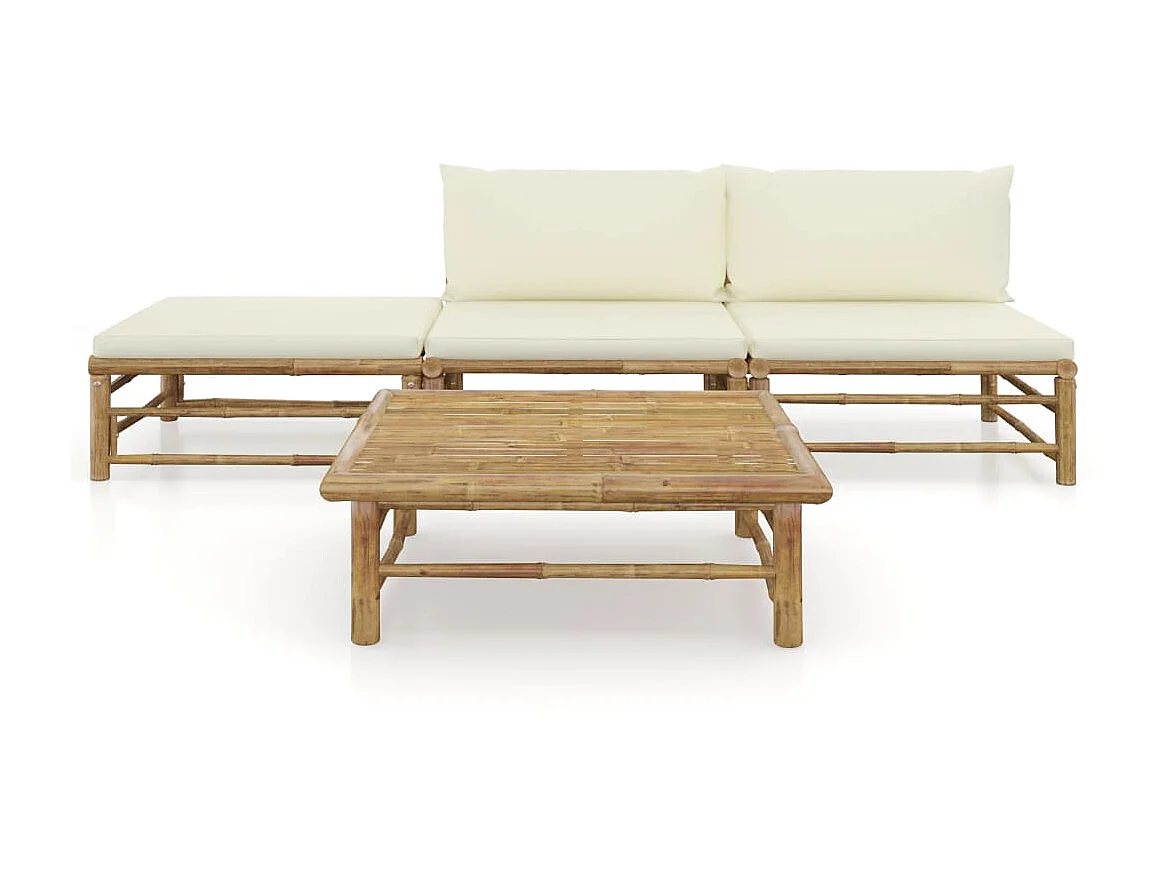 Salon de jardin 4 pcs avec coussins blanc crème Bambou