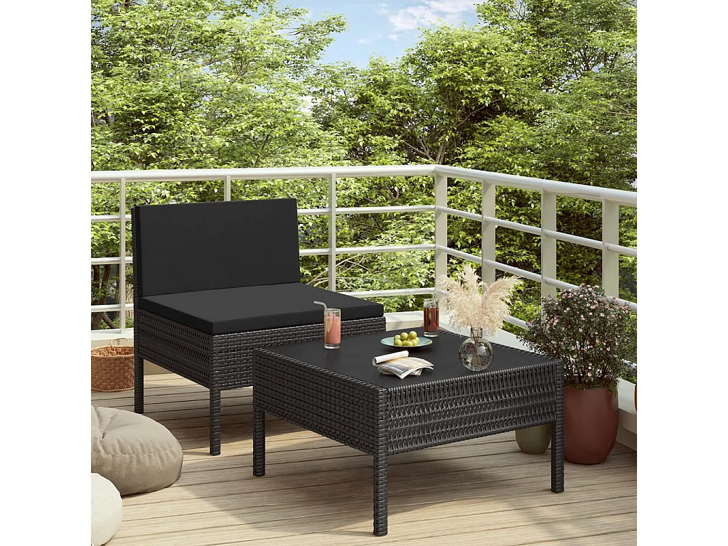 Salon de jardin 2 pcs avec coussins Résine tressée Noir 8