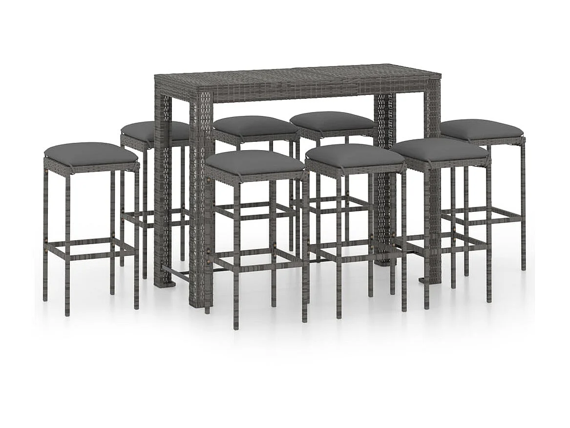 Ensemble de bar de jardin 9 pcs et coussins Résine tressée Gris