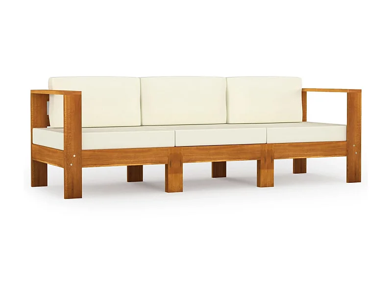 Canapé de jardin 3 places et coussins blanc crème Bois d'acacia