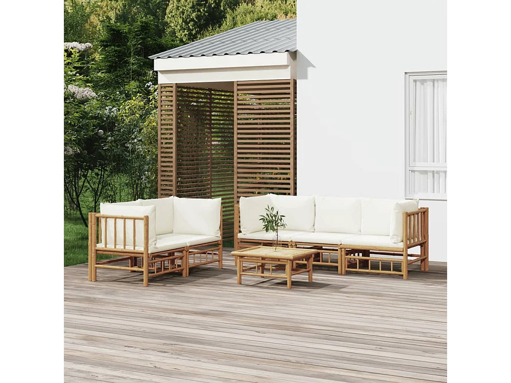 Salon de jardin 6 pcs avec coussins blanc crème bambou