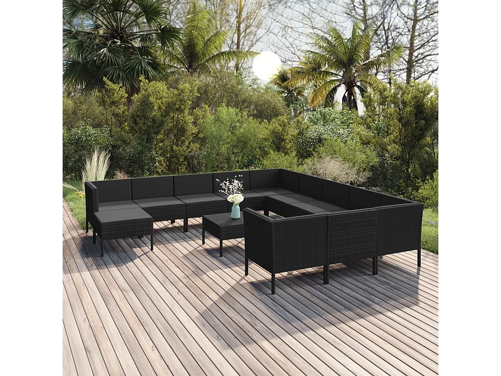 Salon de jardin 13 pcs avec coussins Résine tressée Noir 8