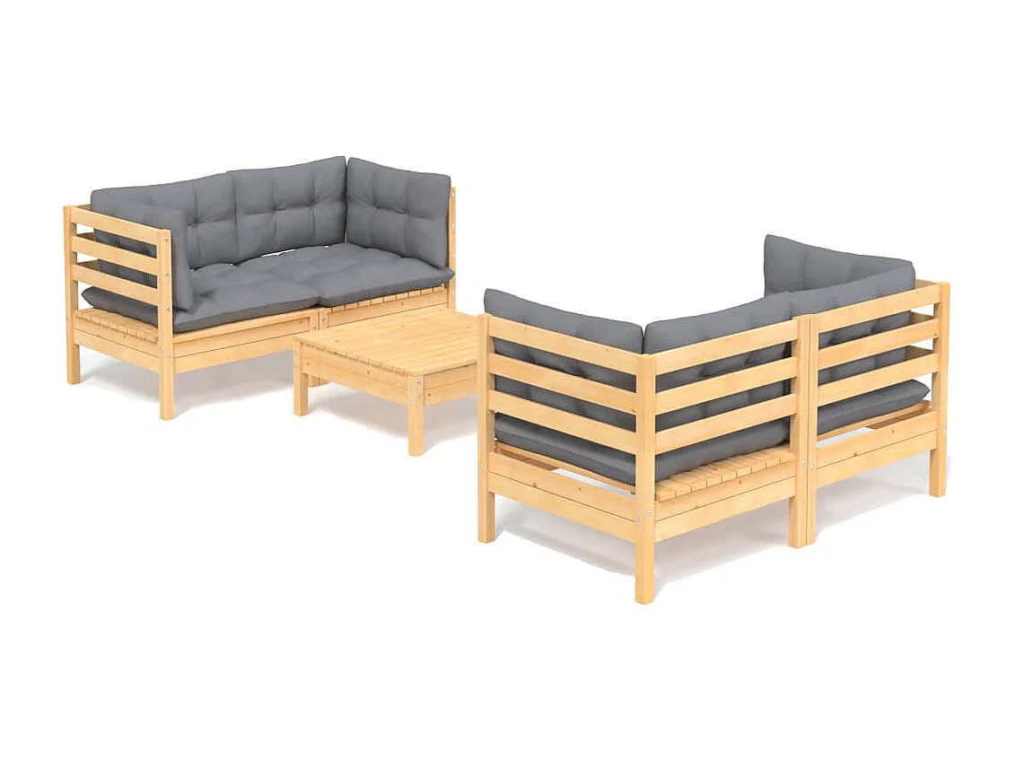 Salon de jardin 5 pcs avec coussins gris Bois de pin 2