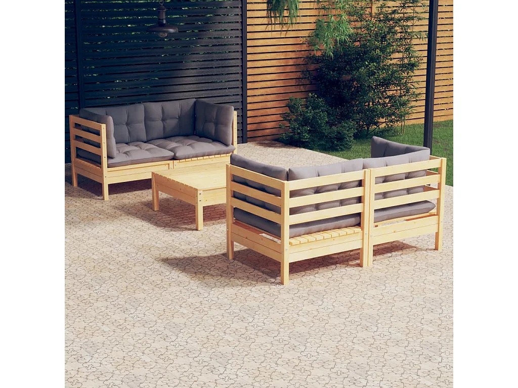 Salon de jardin 5 pcs avec coussins gris Bois de pin 2