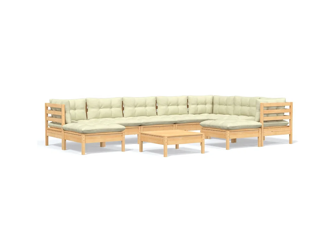 Salon de jardin 10 pcs avec coussins crème Bois de pin solide