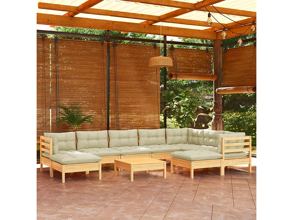 Salon de jardin 10 pcs avec coussins crème Bois de pin solide