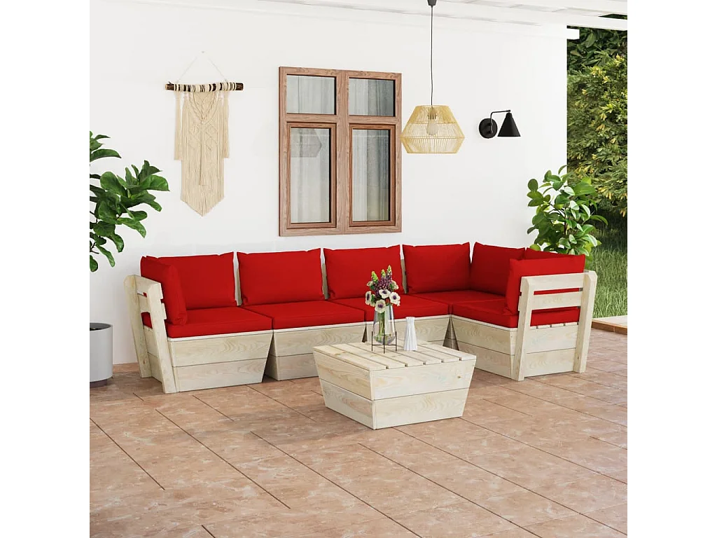 Salon de jardin palette 6 pcs avec coussins Épicéa imprégné 42