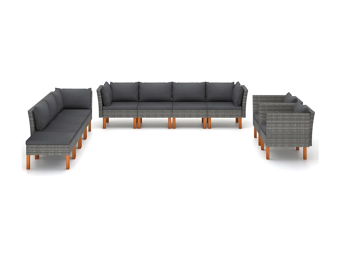 Salon de jardin 10 pcs Résine tressée et bois d'eucalyptus Gris