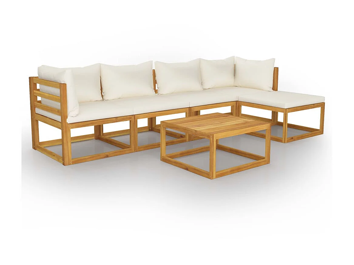 Salon de jardin 6 pcs avec coussin Crème Bois d'acacia solide 5