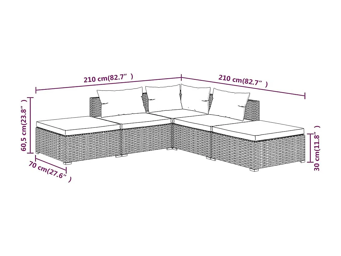 Salon de jardin 5 pcs avec coussins Résine tressée Marron 9