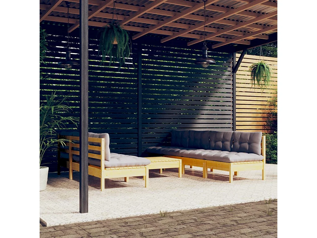 Salon de jardin 8 pcs avec coussins gris Bois de pin 2