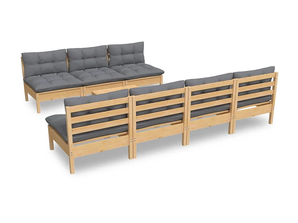 Salon de jardin 8 pcs avec coussins gris Bois de pin 2