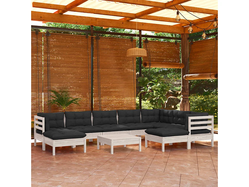 Salon de jardin 10 pcs avec coussins Blanc Bois de pin solide 2