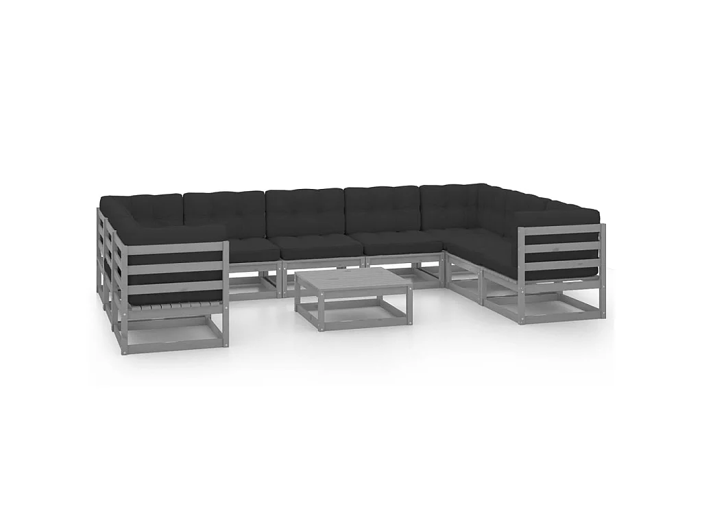 Salon de jardin 10 pcs avec coussins Gris Bois de pin massif 20