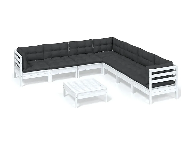 Salon de jardin 8 pcs avec coussins Blanc Bois de pin solide 3