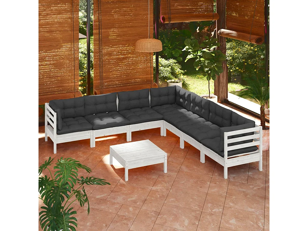 Salon de jardin 8 pcs avec coussins Blanc Bois de pin solide 3