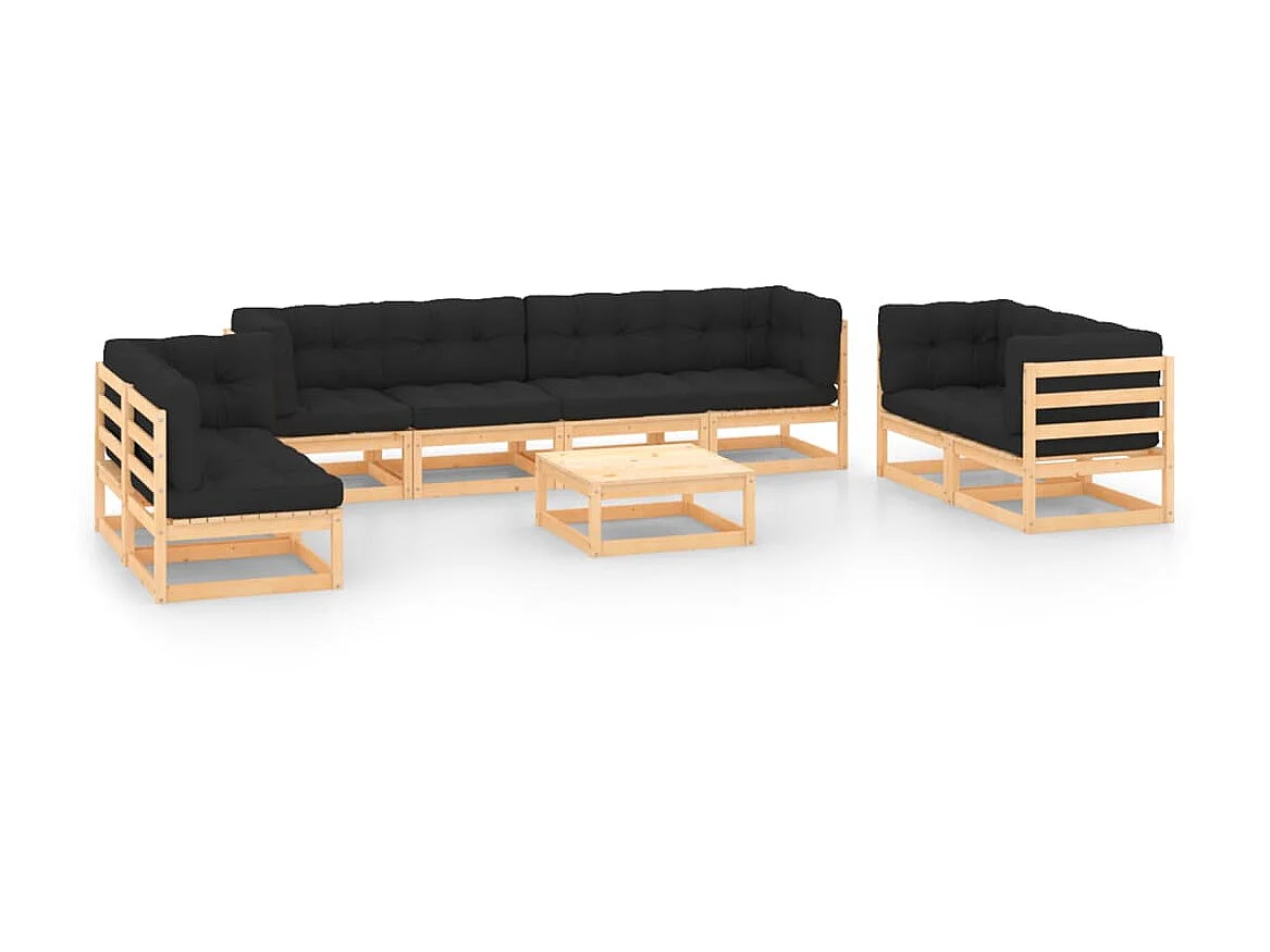 Salon de jardin 9 pcs avec coussins Bois de pin solide 6