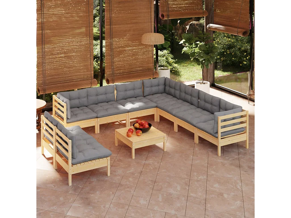 Salon de jardin 10 pcs avec coussins gris Bois de pin solide 9