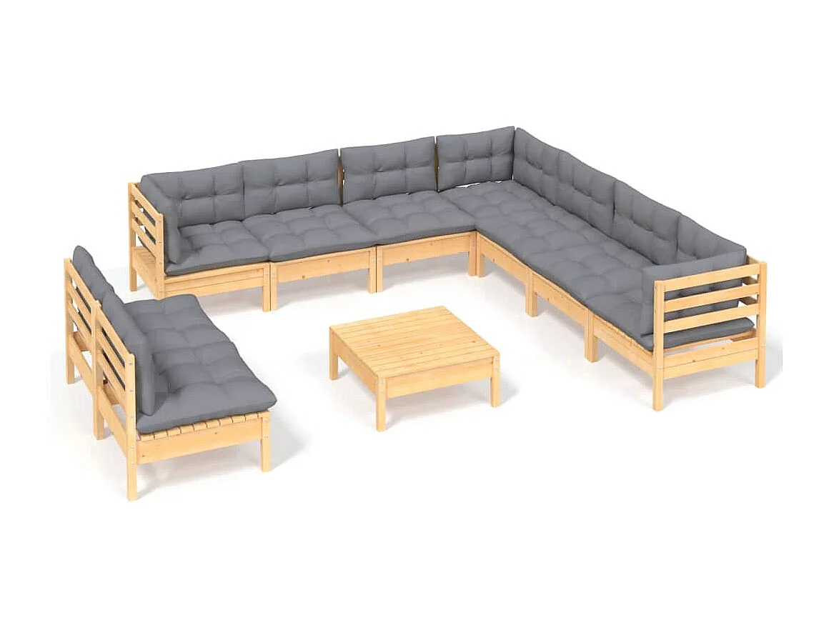 Salon de jardin 10 pcs avec coussins gris Bois de pin solide 9