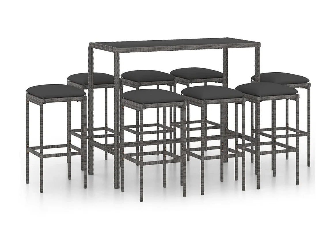 Ensemble de bar de jardin 9 pcs et coussins Résine tressée Gris 2