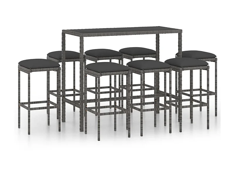 Ensemble de bar de jardin 9 pcs et coussins Résine tressée Gris 2