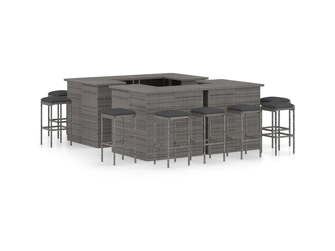 Meuble de bar de jardin 16 pcs et coussins Résine tressée Gris