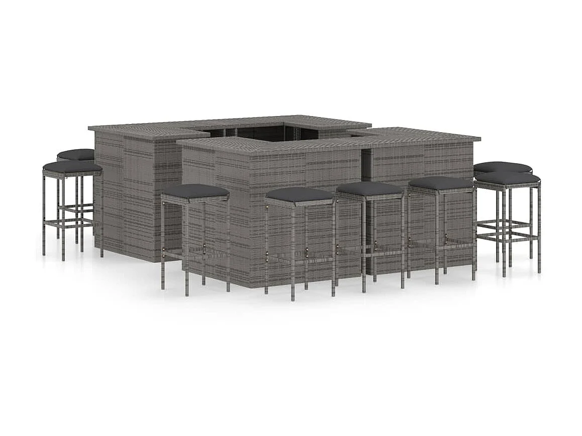 Meuble de bar de jardin 16 pcs et coussins Résine tressée Gris