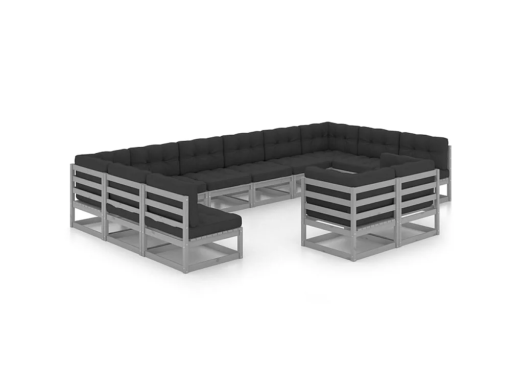 Salon de jardin 12 pcs avec coussins Gris Bois de pin massif 6