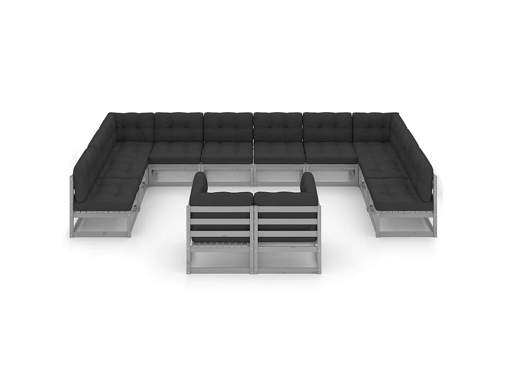 Salon de jardin 12 pcs avec coussins Gris Bois de pin massif 6