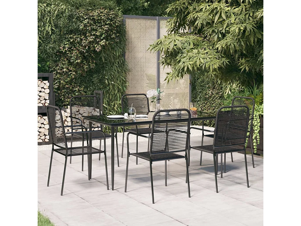 Ensemble à dîner de jardin 7 pcs Noir Corde de coton et acier