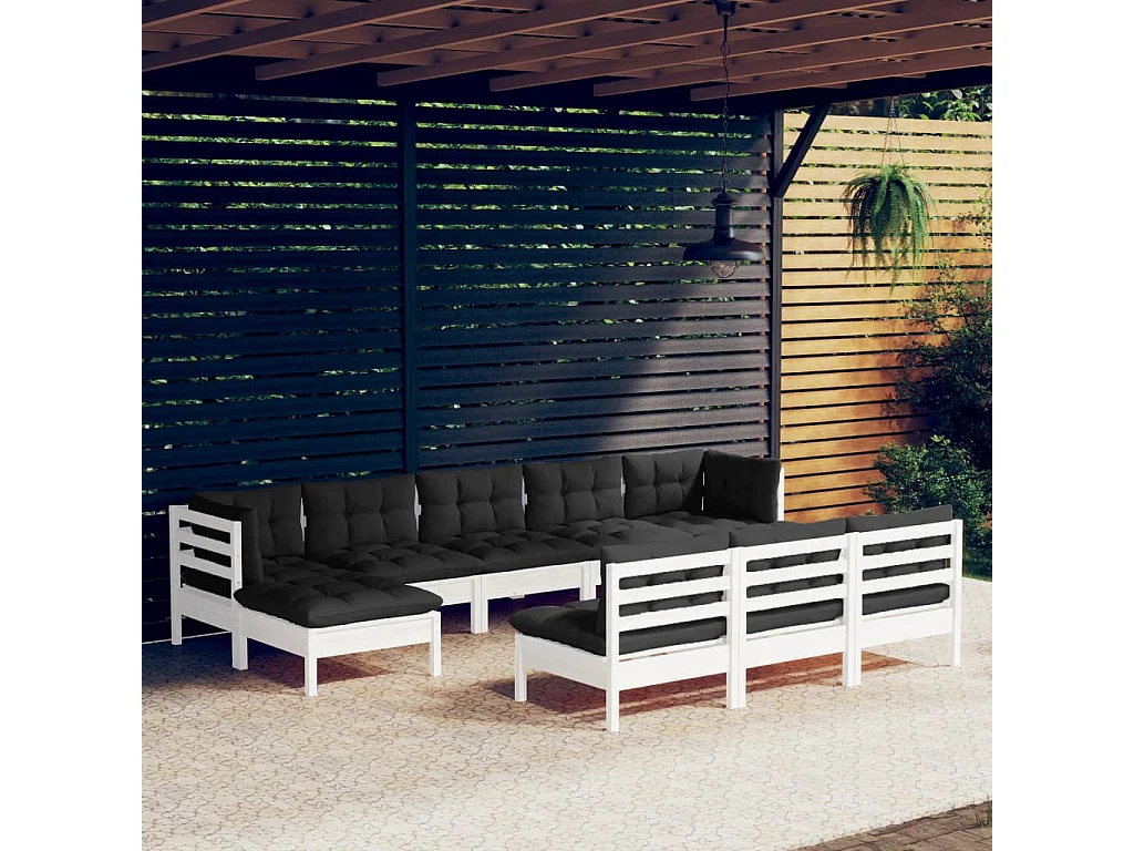 Salon de jardin 10 pcs avec coussins Blanc Bois de pin 6