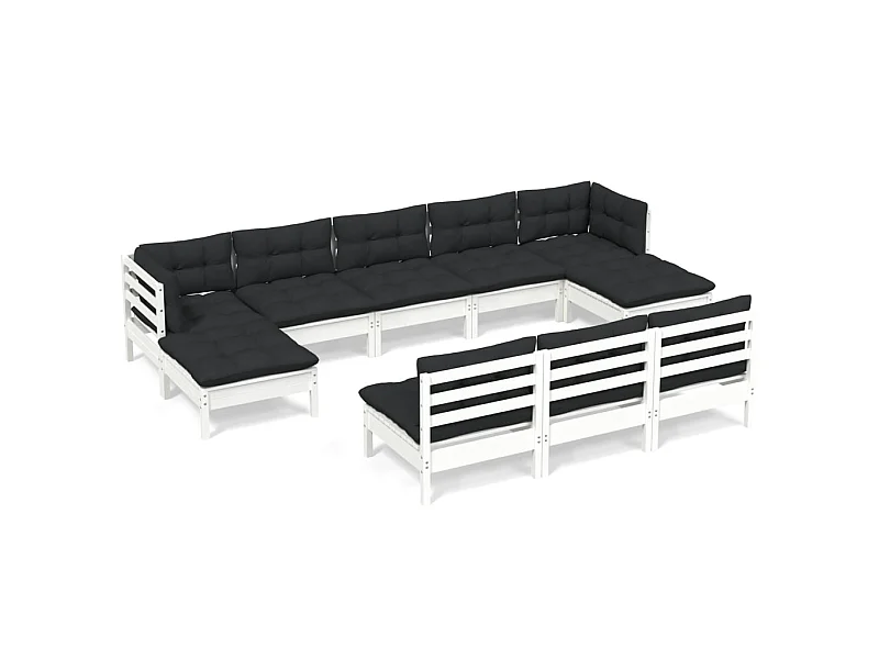 Salon de jardin 10 pcs avec coussins Blanc Bois de pin 6