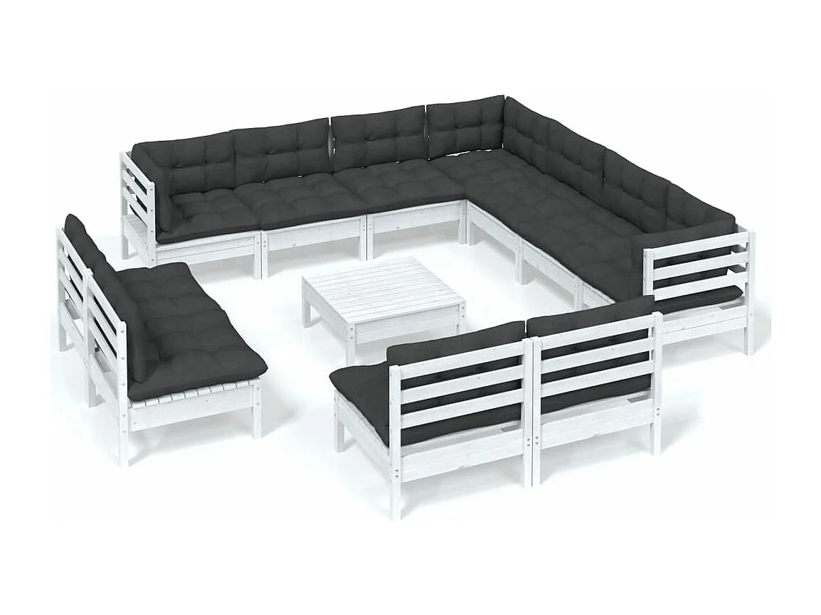 Salon de jardin 12 pcs avec coussins Blanc Bois de pin solide 2