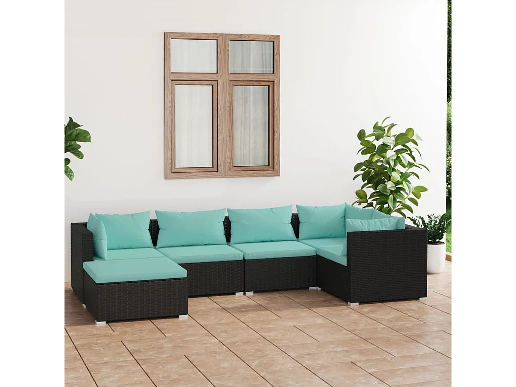 Salon de jardin 6 pcs avec coussins Résine tressée Noir 6