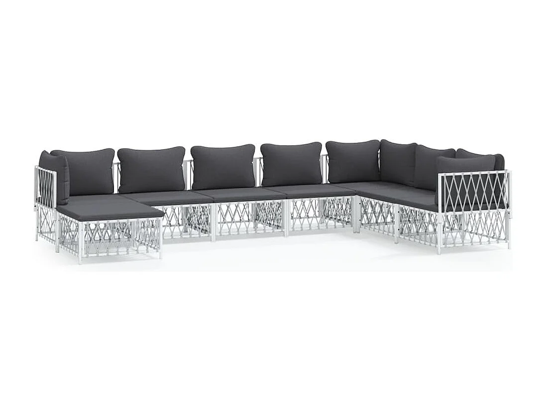 Salon de jardin 8 pcs avec coussins blanc acier